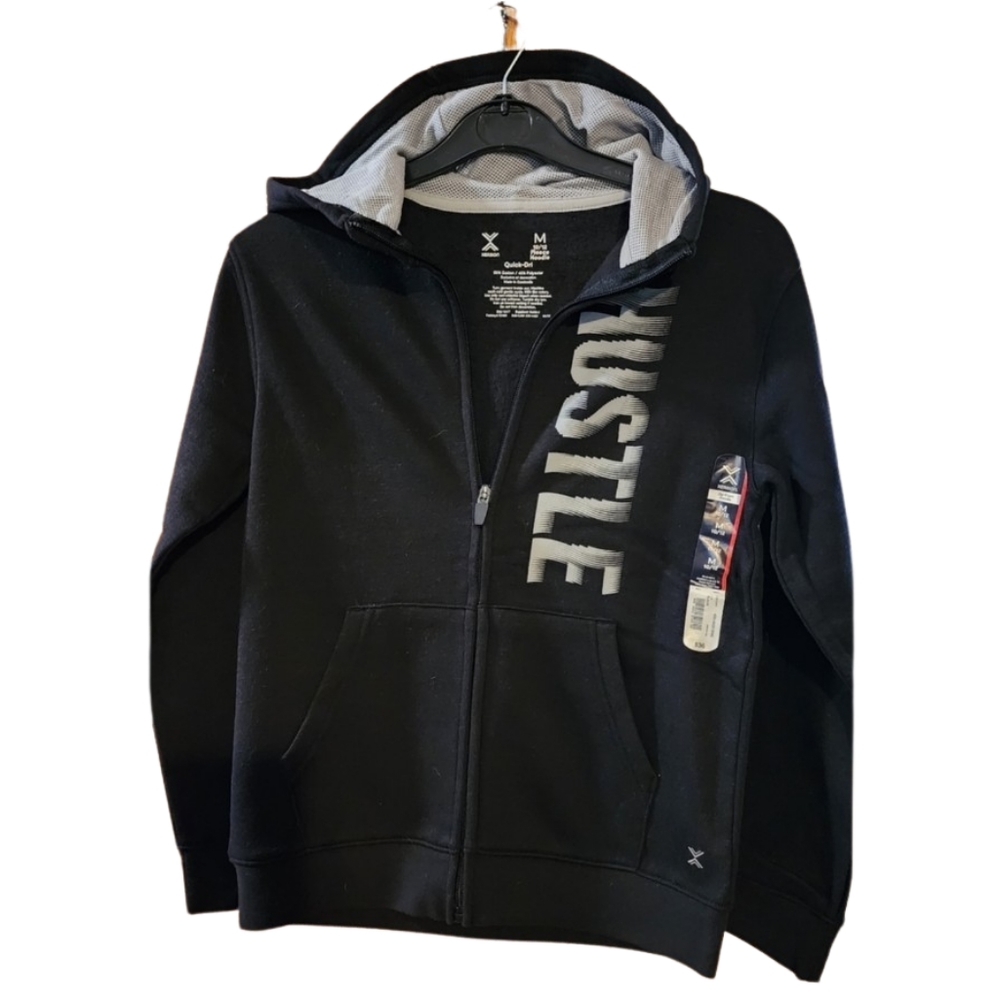 XERSION‎ Quick-Dri NWT Boy's 10/12 Fleece Lined Black Zip Hoodie Hustle Logo